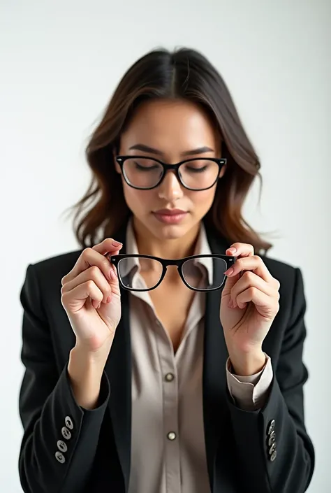 A stylish woman in a serene, professional setting, her eyes focused intently on a pair of elegant glasses she holds in her graceful hands. With a gentle breath, she carefully blows on the lenses, removing any speck of dust or smudge, highlighting the intri...