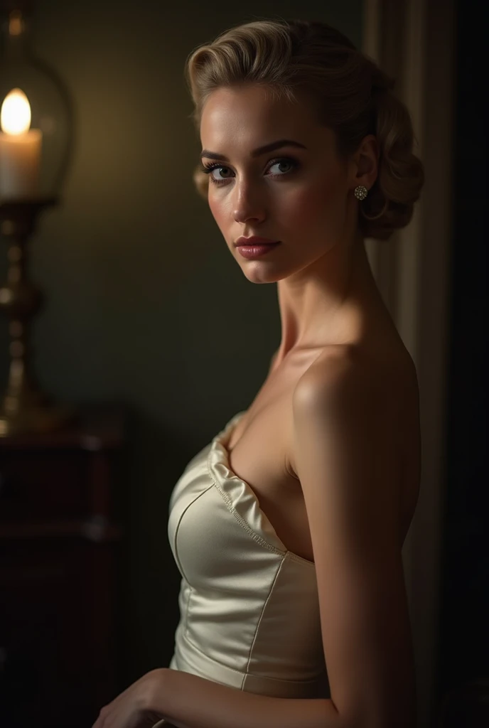 
"A sensual but tasteful portrait of an elegant figure in a classic Hollywood-style dress, with dramatic lighting and a soft focus to emphasize the mood and emotion."
