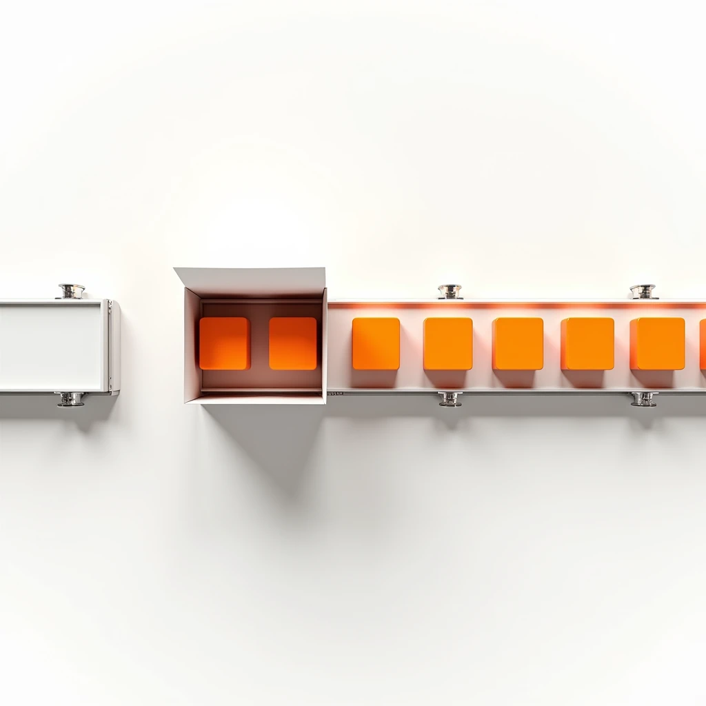 Create a realistic, aesthetically pleasing top-down view of a conveyor belt on a pure white background, transporting bright orange bricks. The conveyor should run horizontally across the image, with the orange bricks neatly moving along the belt. At the en...