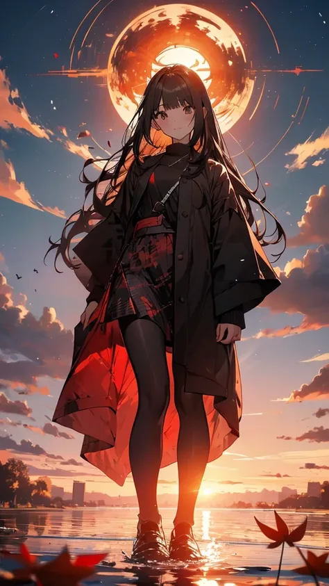 A girl standing on the lake surface, long black hair, a large lake, autumn leaves all around, the setting sun, a red dragonfly