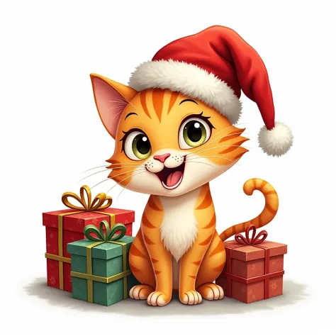 Cartoon image of a cute humor cat wear santa hat , gifts (masterpiece), on  white background 