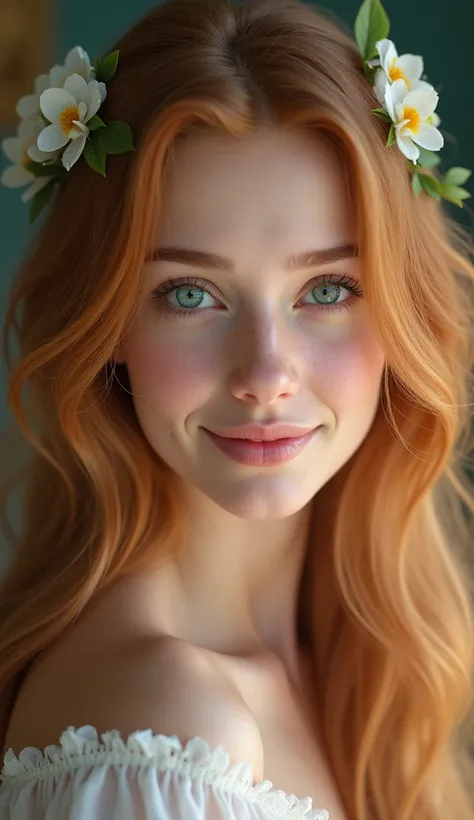 1 2 German girl, Long light orange-brown hair, Green left eye/Right eye is blue,high resolution, looking at the audience, big breasts, blushing, smile, headband, , Anatomically correct, F1 aperture.2, Hair flowers, , digital art, 8k octane render, 