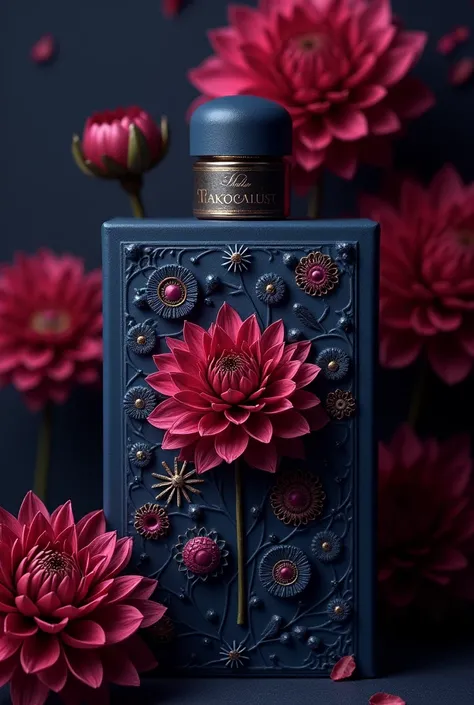 create the packaging for a square floral perfume with the packaging bringing the idea of the dahlia flower, in darker tones from the Amelia brand