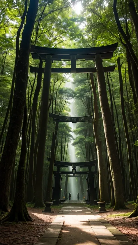 explanation: In a secluded forest, Sunlight penetrates through the dense canopy, Casts a magical glow on the forest floor. Towering Tree々に囲まれている日本のtorii, Mysterious shadows come to life, Those who listen々whisper a secret to. The mysterious charm of whisper...