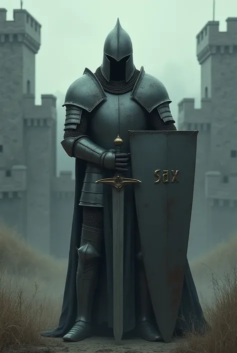 Create a knight with full armor, a conical helmet, a square shield with the word sax written on it, a simple but durable long sword with no decorations, the background of the place has a castle, the colors and lighting use relatively dark and classic color...