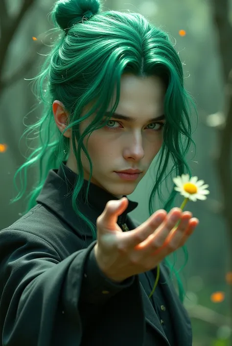 A man with long green hair。Her hair is tied back in a bun。
Holding a single flower、Winking。