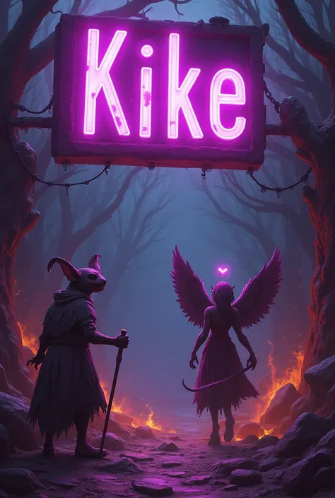 Create an image with fallen angels and Goblins, Harpies, Demons, Fire, flames, beings from the Underworld and a sign with neon purple text that says "Kike"