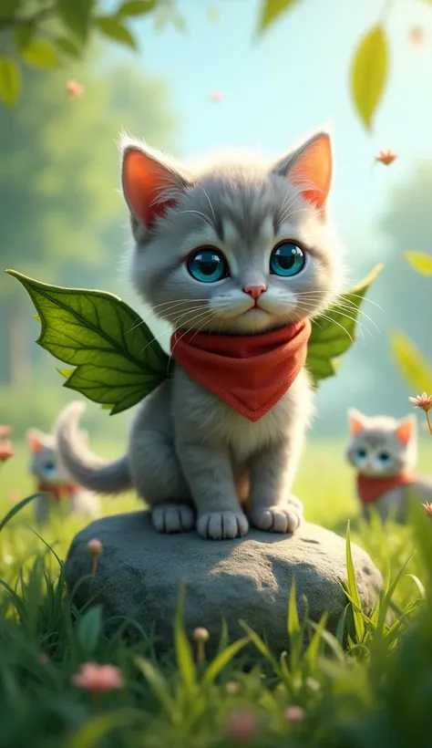 create a realistic picture, a fluffy gray kitten with big blue eyes, wearing a small red scarf around its neck. In the middle of a green field, a kitten wore wings made of large leaves, tied with a thin string on its back. Nimbus stood steadily, ready to j...