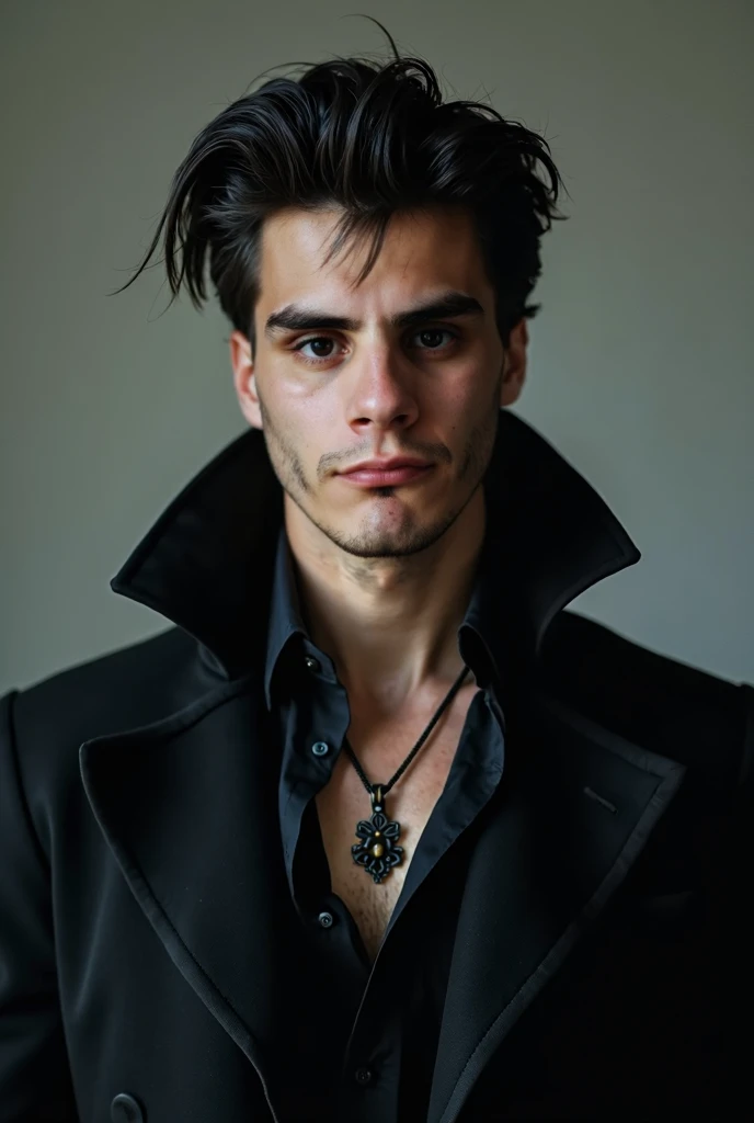 In the image I want only a 1 man to appear, dressed in black clothes with necklace and pendant, Deep and enigmatic look, dark hair well combed, prominent jaw and high cheekbones, Real photo 