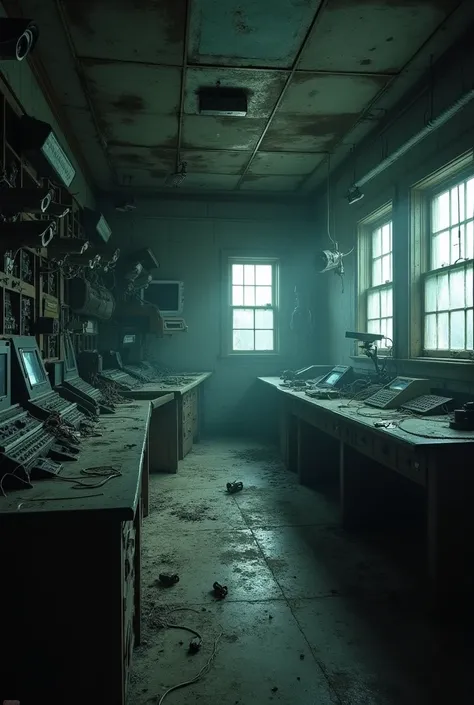 Control room with cameras and buttons of an old house with low lighting and dust in the air 