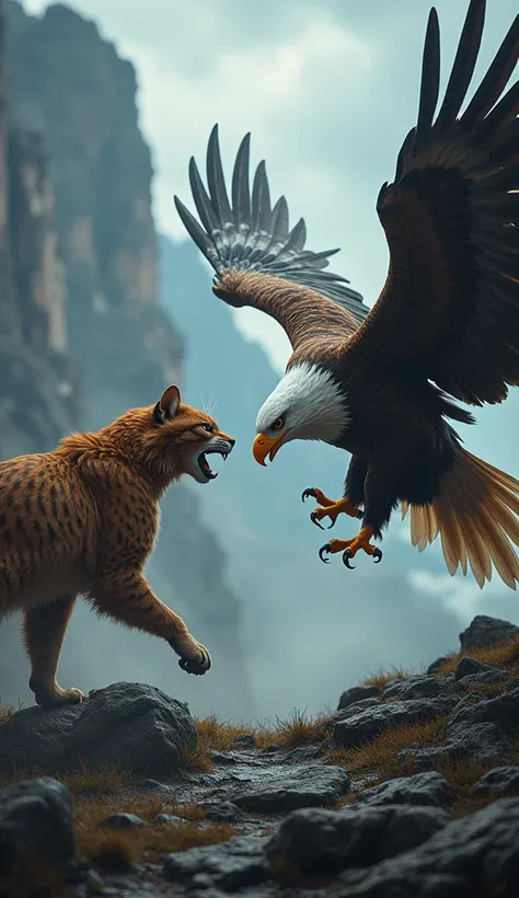 A fierce face-off between a cat and a eagle, dramatic action poses, fierce look, fantasy, realistic, landscape and harsh environment, dramatic lighting, digital art, 8k best quality.