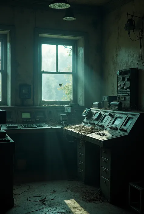 Control room with cameras and buttons of an old house with low lighting and dust in the air 