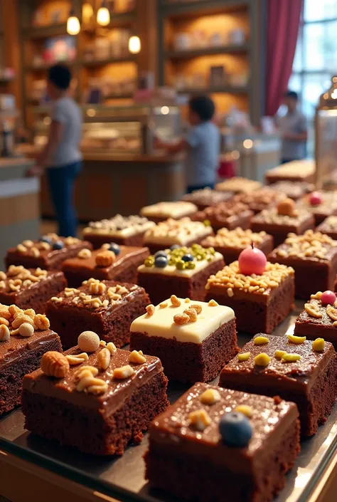 a candy store with lots of dark brownies (Nuts, caramel topping, pistachio and blueberry); the brownies are displayed on display in a window; people in the store; assorted browniesDutch angle, high resolution, precise, High details, 