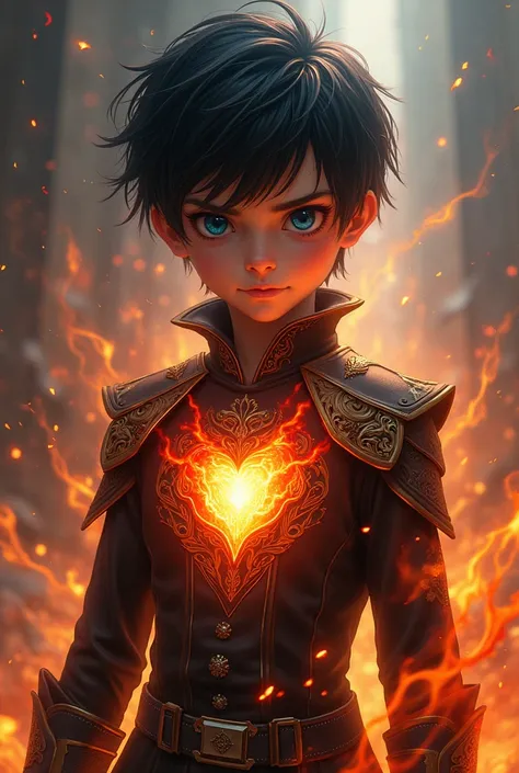 A  black haired boy wearing a stunning uniform, blue eyes, magma burn through his heart