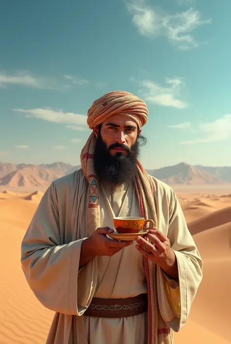 A young bearded man with a turban posing for tea in the desert.