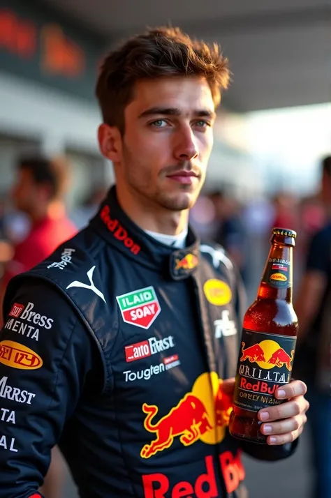 Max Verstappen holding an Original brand beer 