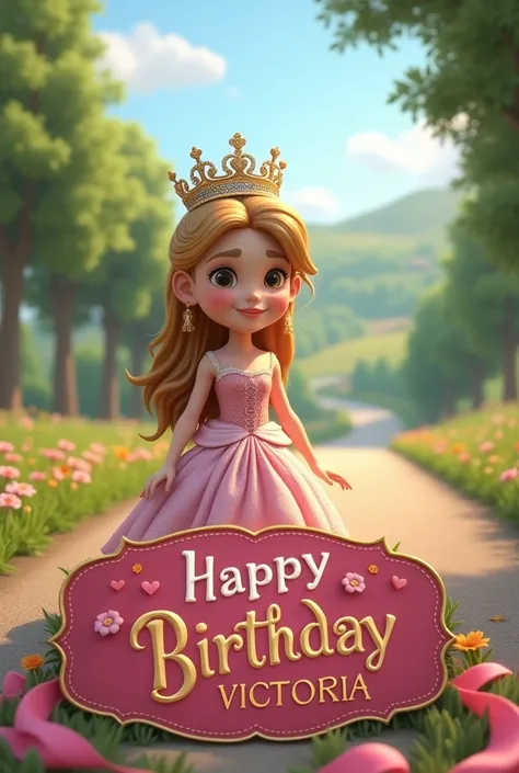 A princess with a crown, on a road with a slogan saying Happy Birthday Victoria on her 11th birthday