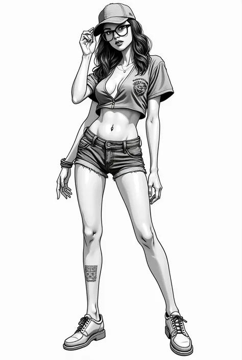 Black and white manga style drawing of an extremely attractive ethereal Brazilian woman, Flamengo low-cut shirt, low-cut denim shorts and glasses, cap, breasts big, tattoo on the leg