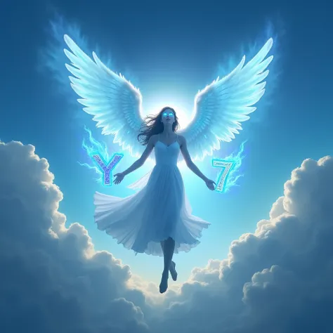 A female angel with eyes of Light, flying in the skies with the blue fire letter Y in his right hand and the blue fire number 7 in his left hand.