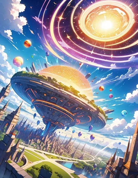 rich in flawless detail in full HD anime style yusuke murata art city of stones with technology built in the middle of the runines with more life more colors a relaxing city calm clouds in a fantasy world with giant stars made of suns spreading energy and ...