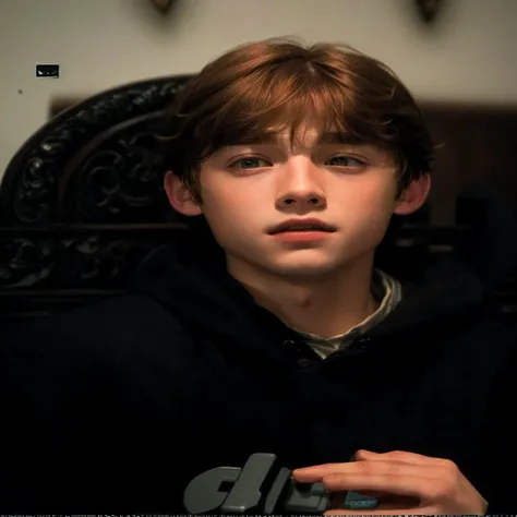 there is a young boy sitting in a chair with a remote, ron weasley, film still from harry potter, still from harry potter movies, still from harry potter, harry, harry potter movie screenshot, portrait of harry potter, ron, harry potter portrait, taken in ...