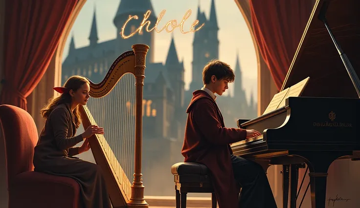 Créer une image de Harry potter qui joue du piano, Hermione granger qui joue de la harpe et Dobby qui est assis. Add Hogwarts Castle in the background and Chloe written in fire letters coming out of Dobby&#39;s wand 