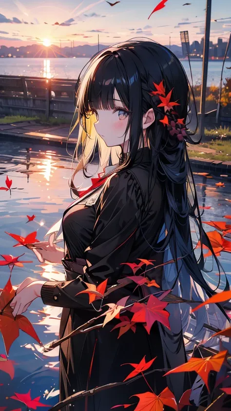 A girl standing on the lake surface, long black hair, a large lake, autumn leaves all around, sunset, autumn