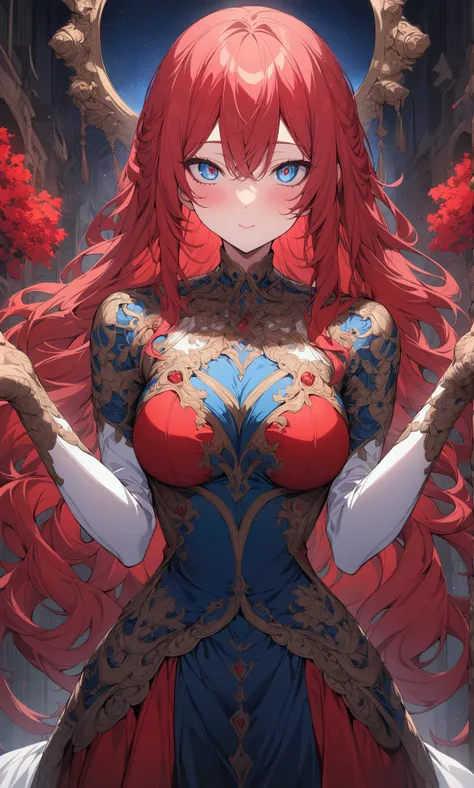 masterpiece, illustration, complex detailed eyes, 1 girl, detailed light, detailed background, detailed clothes, detailed body. Long red hair and blue eyes. In full growth. Beautiful detailed clothes. Detailed hair. A detailed face. Detailed hands. Maximum...