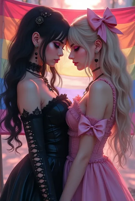 cute hot goth girl with a gothic makeup, wearing gothic black dress and a hourglass body holding a lesbian flag, beside her theres a cute girl with pink cute douyin makeup with coquette pastel pink dress and alot of bow on it; holdinh a lesbian flag