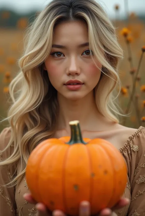 real life, beautiful women, brown eyes, blonde hair, asian, cute, showing butt, holding a pumpkin