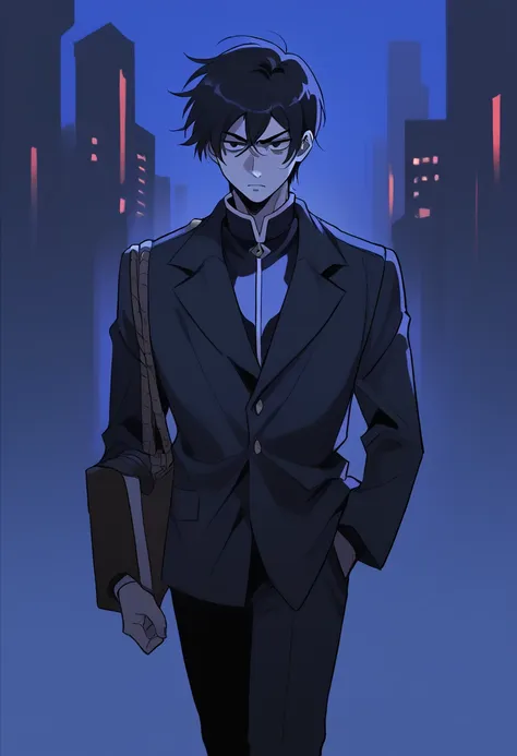 A boy, messy black hair, disheveled bangs, moletom vermelho, Eyes red. Walking at night in the center of an empty city. 独奏, high resolution, shorth hair, swept bangs, aretes, serious expression.simple background, アニメ, 