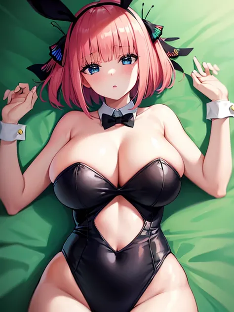 Short Hair, Bangs, Blue eyes, Hair Ornaments, Hair Ribbon, Pink Hair, Blunt Bangs, Both sides up, Butterfly Hair Ornament,Big Breasts,Cleavage,Bunny girl outfit,Black Bunny Girl,Black rabbit ears headband