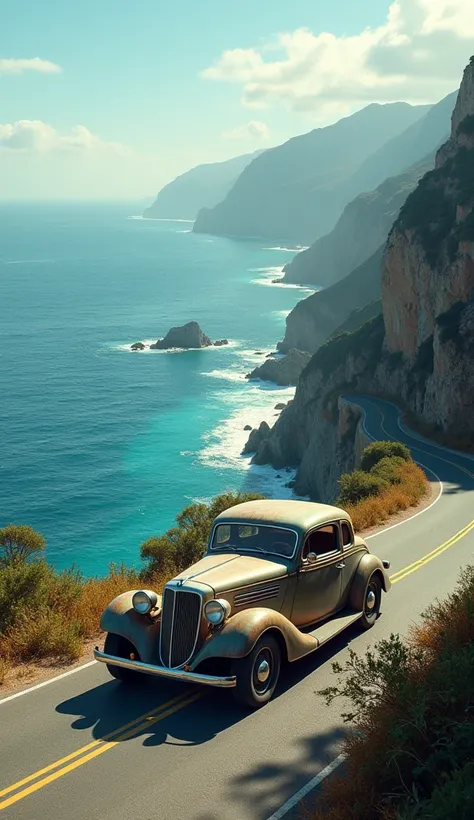 An old car was driving and a beautiful ocean was seen.   