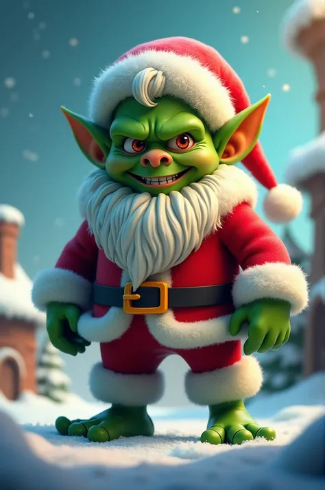 A green goblin dressed as Santa Claus, he is in the distance and the camera angle is as if it is on the ground. The photo must be in the same animation style as clash royale.