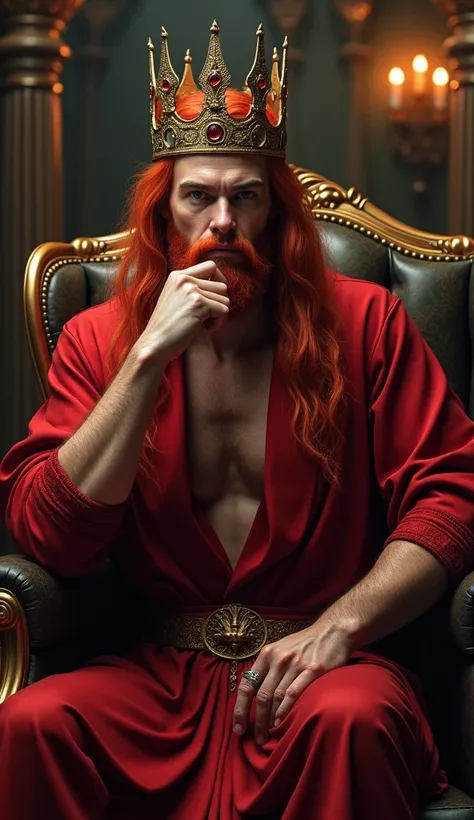 Create a king of hell, that is attractive and has long red hair, that has red eyes and a little beard. Let him be dressed in a very elegant red tunic and have a golden crown on., He is sitting on a throne and resting his chin on one hand., put a very elega...