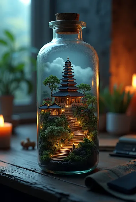 (An intricate Bali temple minitown landscape trapped in a bottle), atmospheric oliva lighting, on the table, 4k UHD, dark vibes, hyper detailed, vibrant colours, epic composition, octane render, sharp focus, high resolution isometric