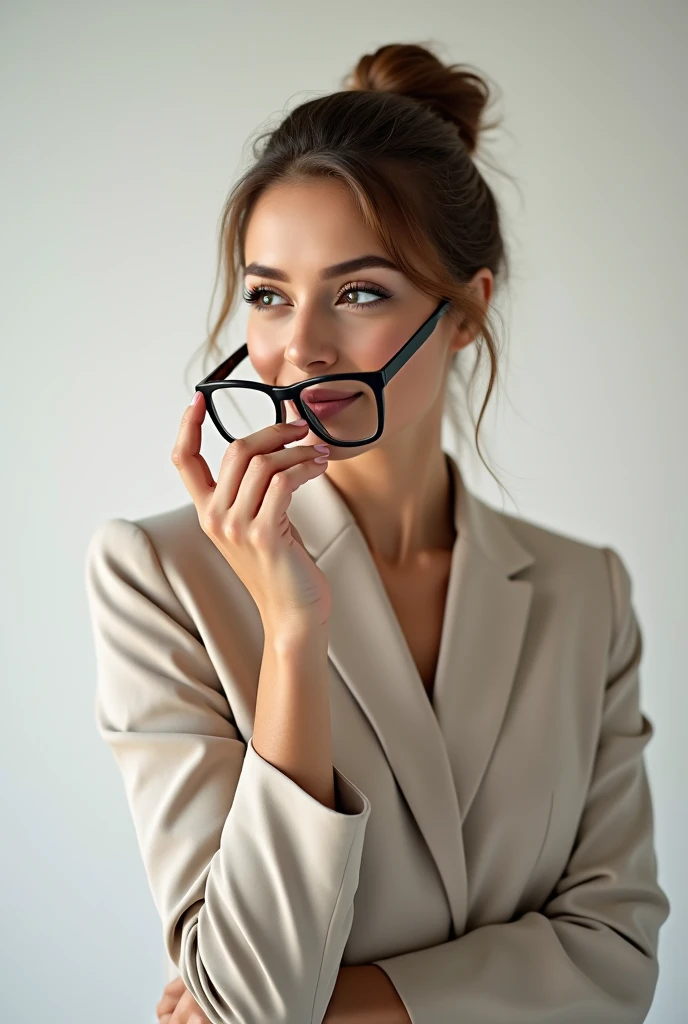 An elegant woman with her hair stylishly swept up into a chic updo, her fingers delicately curled around the stems of a pair of black-framed glasses. She holds the spectacles with the confidence of someone who knows their worth and the importance of their ...