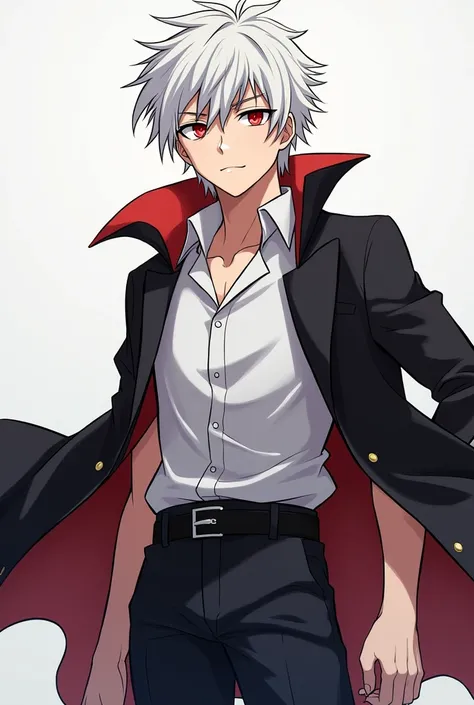 An anime character wearing Yuji Itadori&#39;s clothes, short white hair and red eyes 