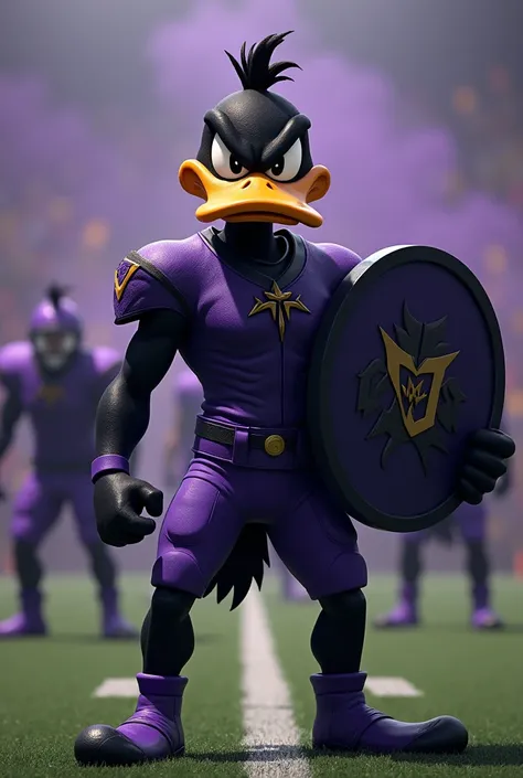 purple and black daffy duck intimidating football team round shield