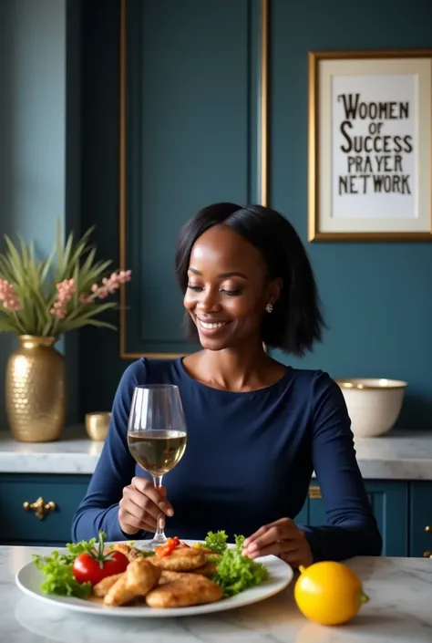 An African lady eat vegetables and chicken with non alcoholic wine in a beautiful kitchen design with blue and gold with white, wearing long sleeve navy blue top,and a frame written boldly WOMEN OF SUCCESS PRAYER NETWORK , hanging on the wall of her kitche...