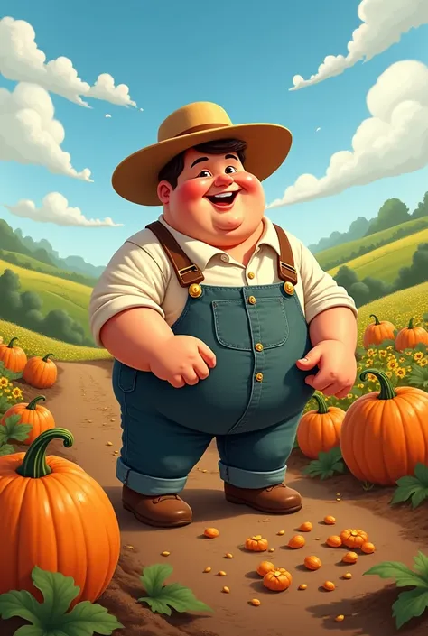 Draw me a picture , The chubby boy is a farmer who sows pumpkin seeds. 