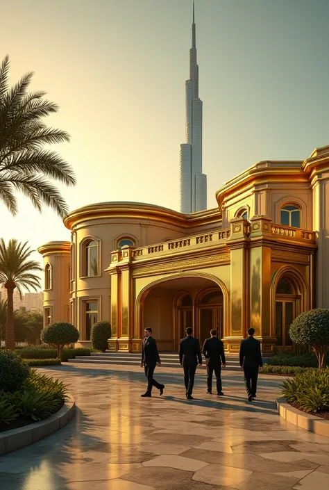 Golden villa in front of Burj Khalifa and a man with a security escort 