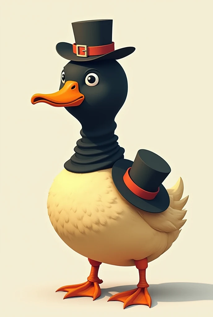 A duck with a balaclava and two hats on his back