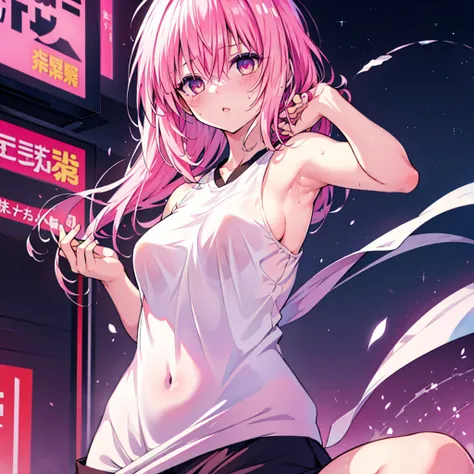 species(to love ru), 比基尼, emphasizes body lines, one girl, healthy painting, front, , sweaty, spread armpit, pink hair, anatomic...