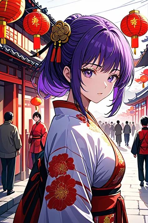 ultra-detailed,(best quality),((masterpiece)),(highres),original,extremely detailed 8K wallpaper,(an extremely delicate and beautiful),
anime,
1girl,raiden shogun,purple hair,solo,looking at viewer,chinese clothes,
BREAK
(chinese architecture ),spring fest...