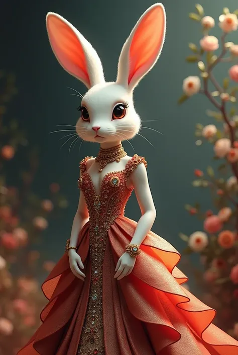 a rabbit in a fashionable dress, extremely detailed, intricate patterns, luxurious fabrics, beautiful accessories, elegant poses, dynamic composition, cinematic lighting, vibrant colors, photorealistic, 8k, best quality