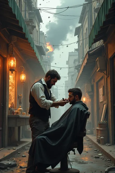 An outdoor scene of a barber cutting a mans hair in the middle of a chaotic, apocalyptic urban street. The setting includes explosions, fire, and debris flying through the air, with asteroids or meteors falling from the sky. The barber and the man remain c...