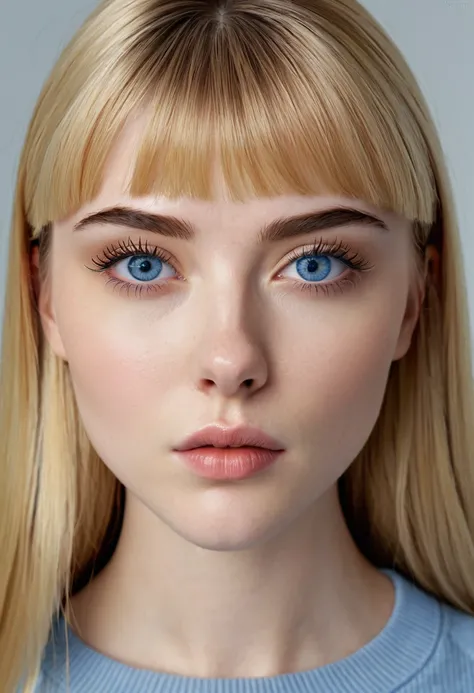 Realism, UHD, masterpiece, accurate, anatomically correct, 16k, best quality, (college age), a girl, (blonde) long straight hair, inspired bangs, pale skin, (clear skin), upturned big eyes, (sparkling blue eyes), ultra detailed face, (straight) thin eyebro...