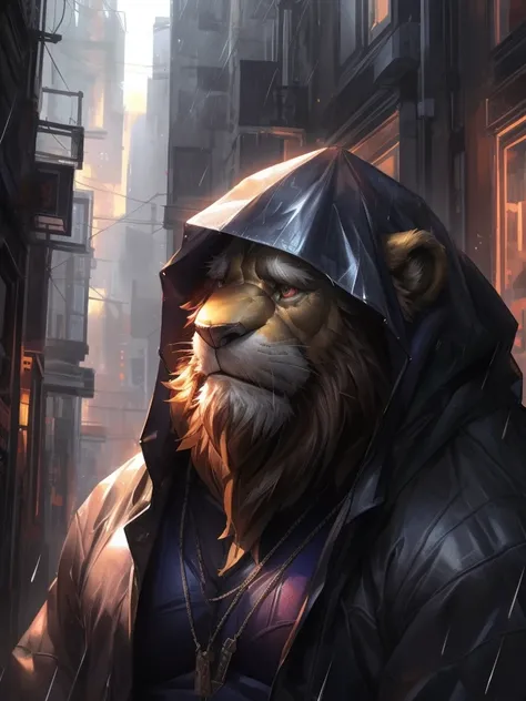 by_lindong, digital art, masterpiece, solo, 1boy, 1man, Huge muscular lion, rainy, rain, raincoat, old, bearded, urban city, sad, sad expression:1.2, focus eyes, detailed ,detailed muscle, background