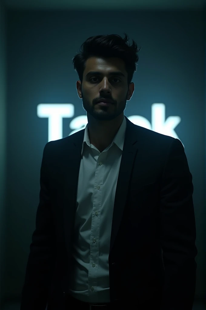 Create a highly realistic portrait of a 20-year-old Bangladeshi man named TAREk, standing in a dark room. He is wearing a blackblazer and a white shirt. The lighting should be dramatic, focusing on his handsome face with a light stubble, giving him a rugge...